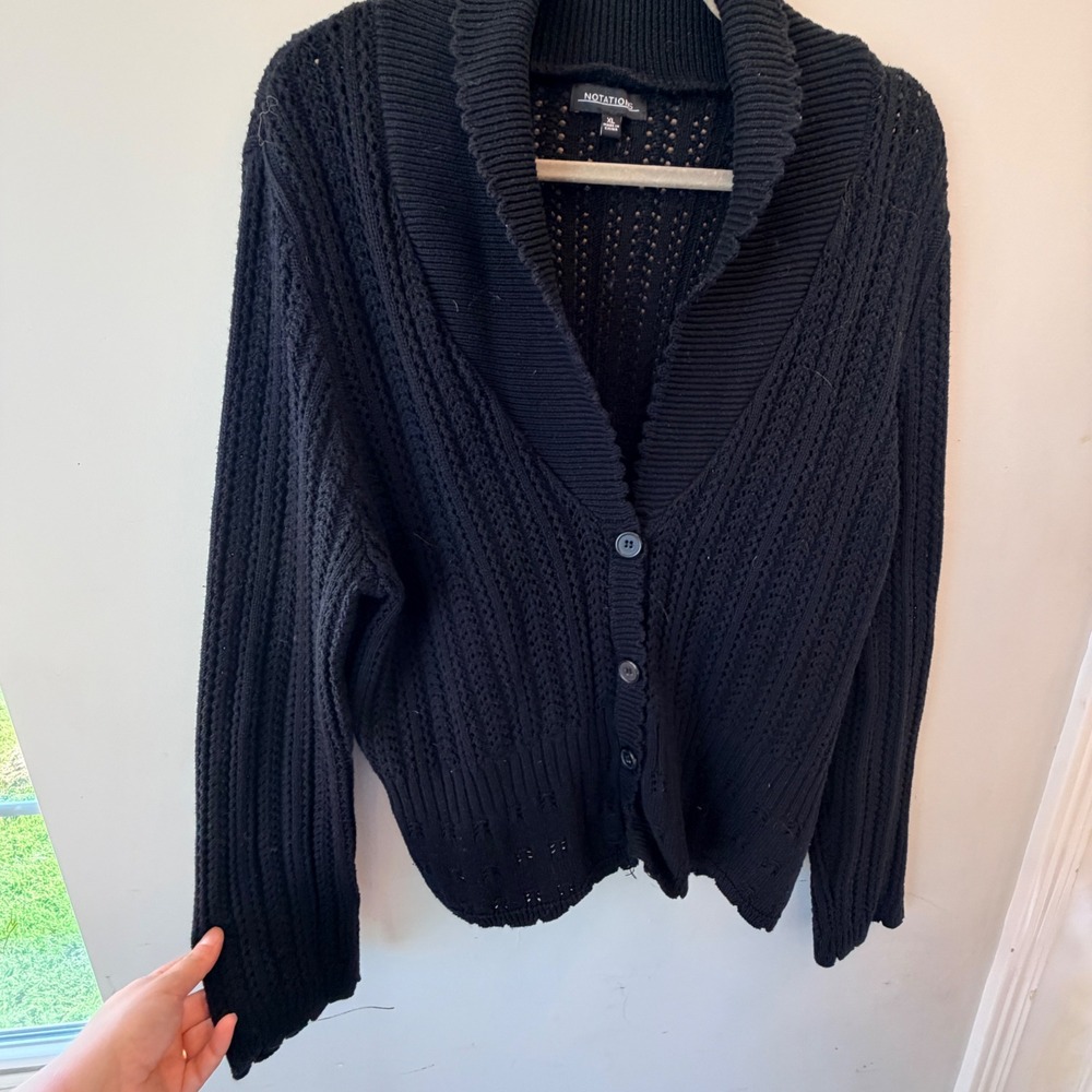 Notations Cardigan Sweater Women XL Black Shawl Neck Pointelle Knit Minimalist